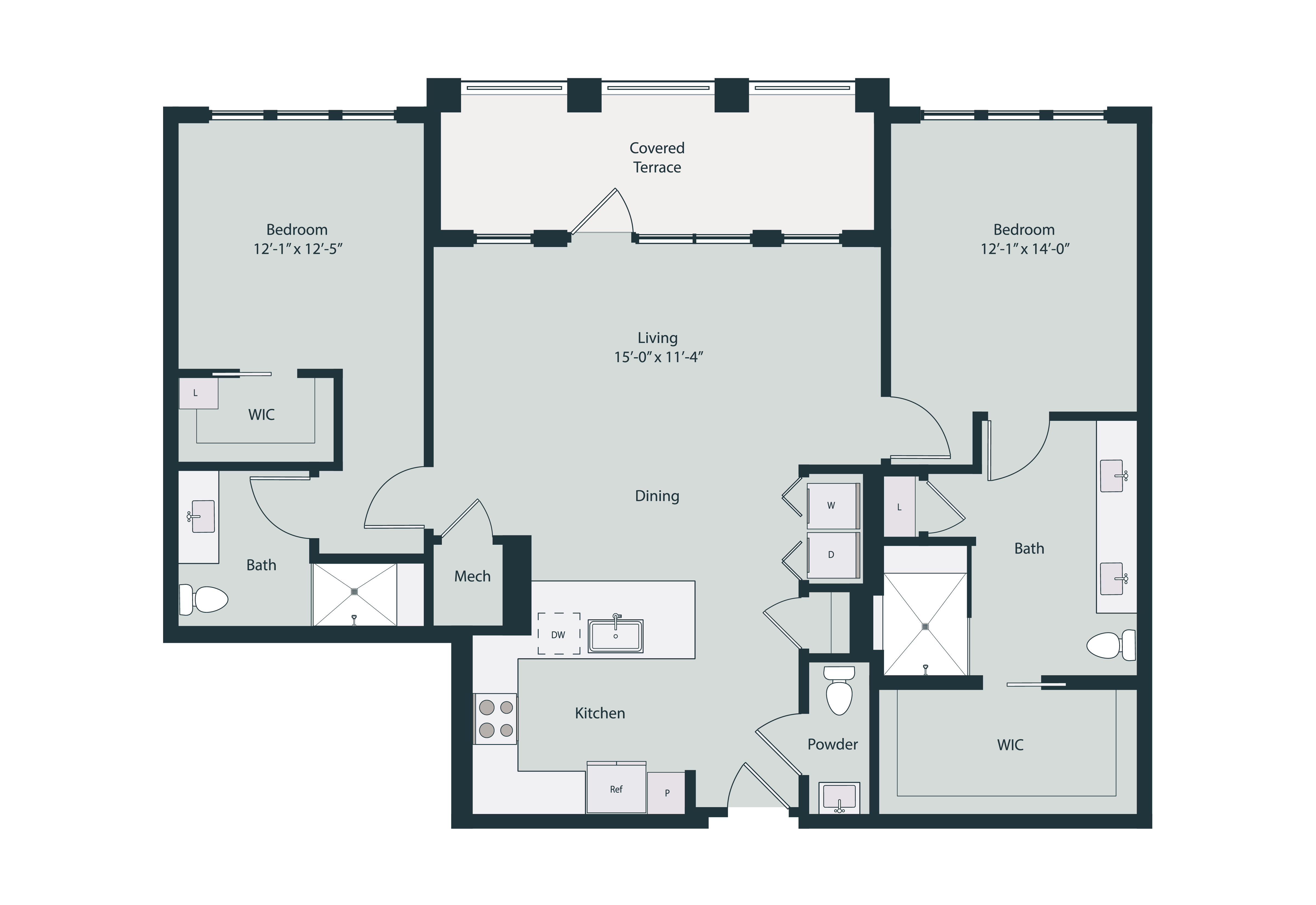 Floor plan for 2 beds, 2.5 baths, 1400 sqft